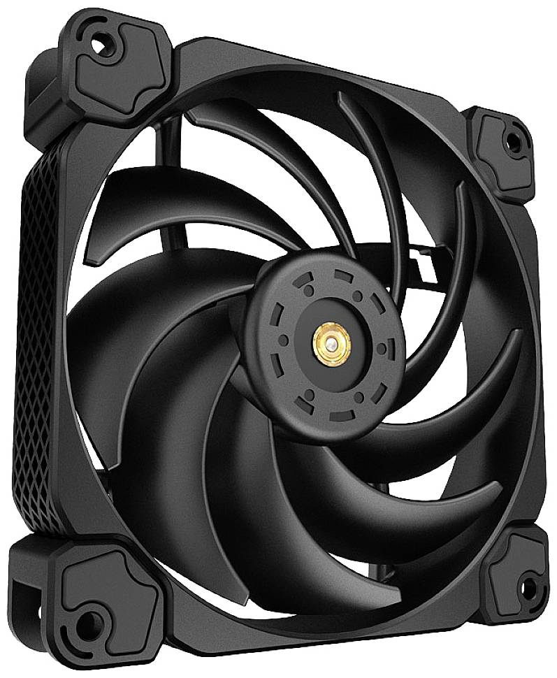 Čierny počítačový ventilátor s desiatimi lopatkami rotora a štvorcovým rámom, používaný na chladenie počítačových skríň.