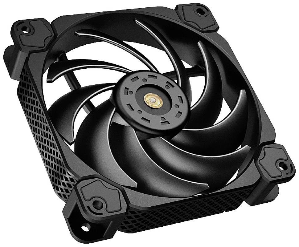 Čierny počítačový ventilátor s deviatimi rotačnými listami a štyrmi upevňovacími bodmi, ktorý sa používa na chladenie hardvérových komponentov.