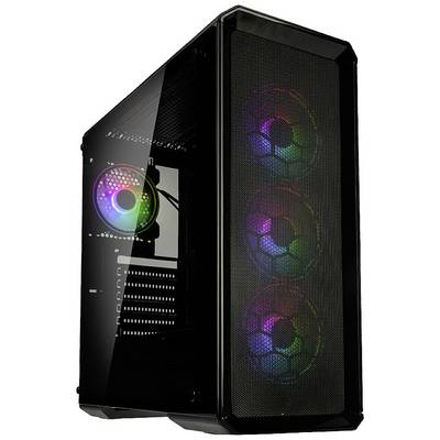 Čierna PC skrinka s tromi viditelnými prednými ventilátormi, ktoré svietia v dúhových farbách; bočná strana vyrobená zo skla.