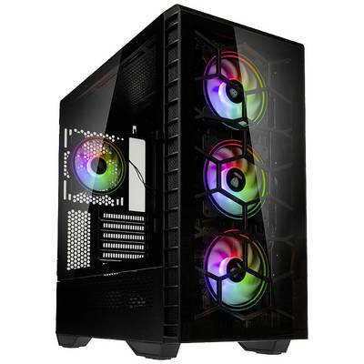 Čierna počítačová skrinka so štyrmi farebnými RGB ventilátormi viditeľnými na prednej strane a jedným na zadnej strane.