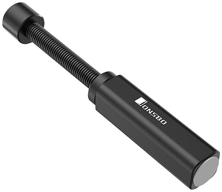 Čierny podporný držiak počítačovej skrine od výrobcu Donsbo, s nastaviteľným skrutkovým mechanizmom na stabilizáciu interných komponentov.