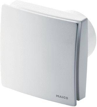 Biely kúpeľňový ventilátor značky Maico s jednoduchým dizajnom a štvorcovým tvarom.
