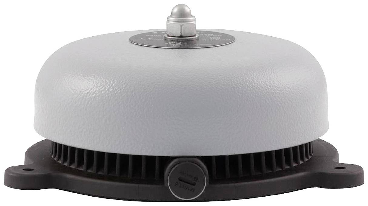 Sivý okrúhly ventilátor v kovovom dizajne na čiernej základni, po stranách viditeľné lamely. Tichý priemyselný ventilátor.