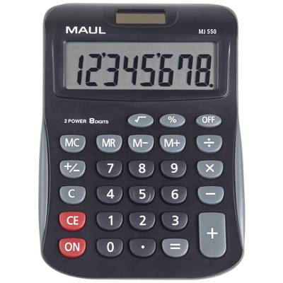 Čierny kalkulátor so sivými a červenými tlačidlami zobrazuje čísla '12345678' na displeji. Značka a model 'MAUL MJ 550'.
