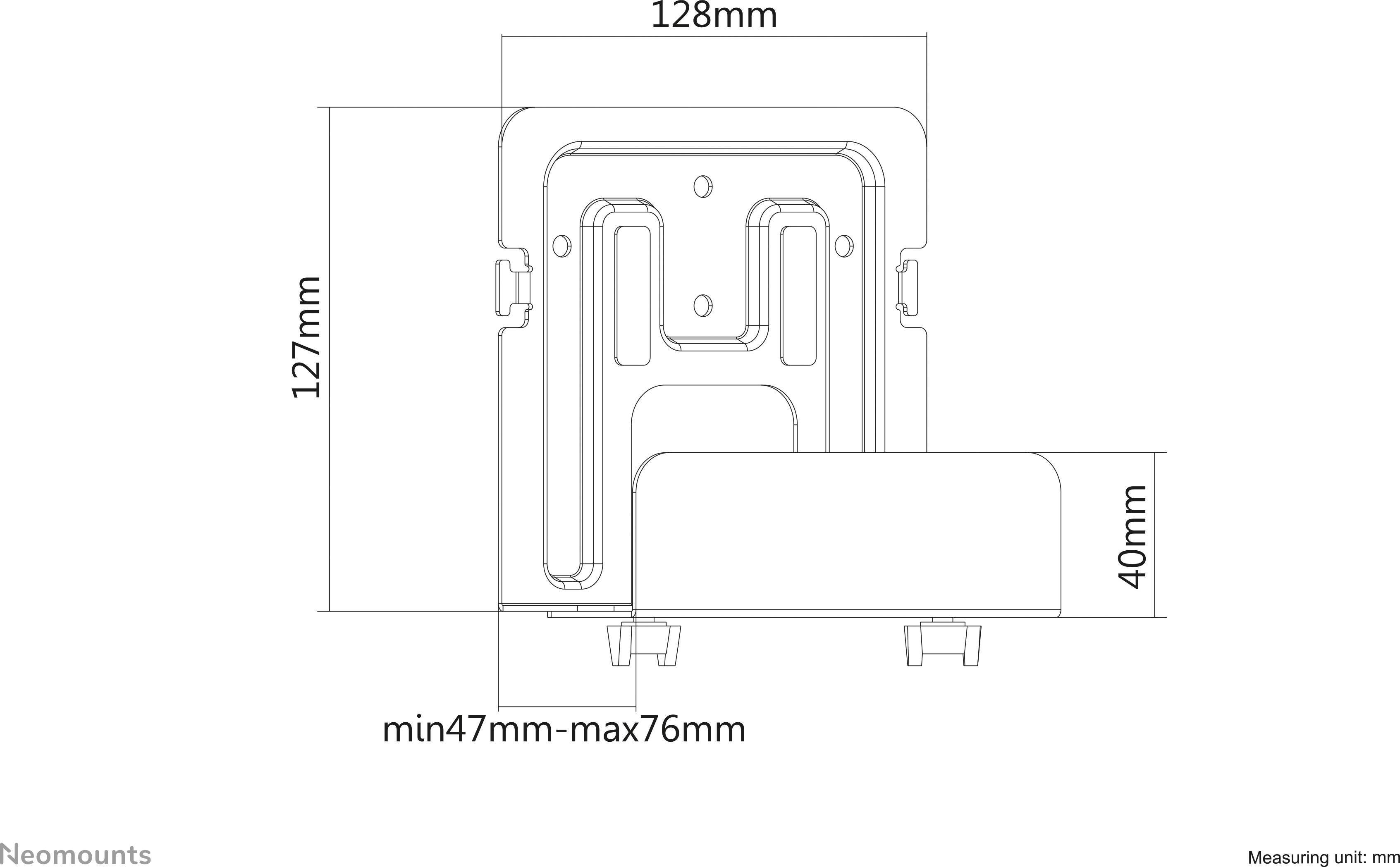 Technický výkres držiaka s rozmermi: šírka 128 mm, výška 127 mm, hĺbka 40 mm. Nastaviteľná šírka medzi 47 mm a 76 mm.