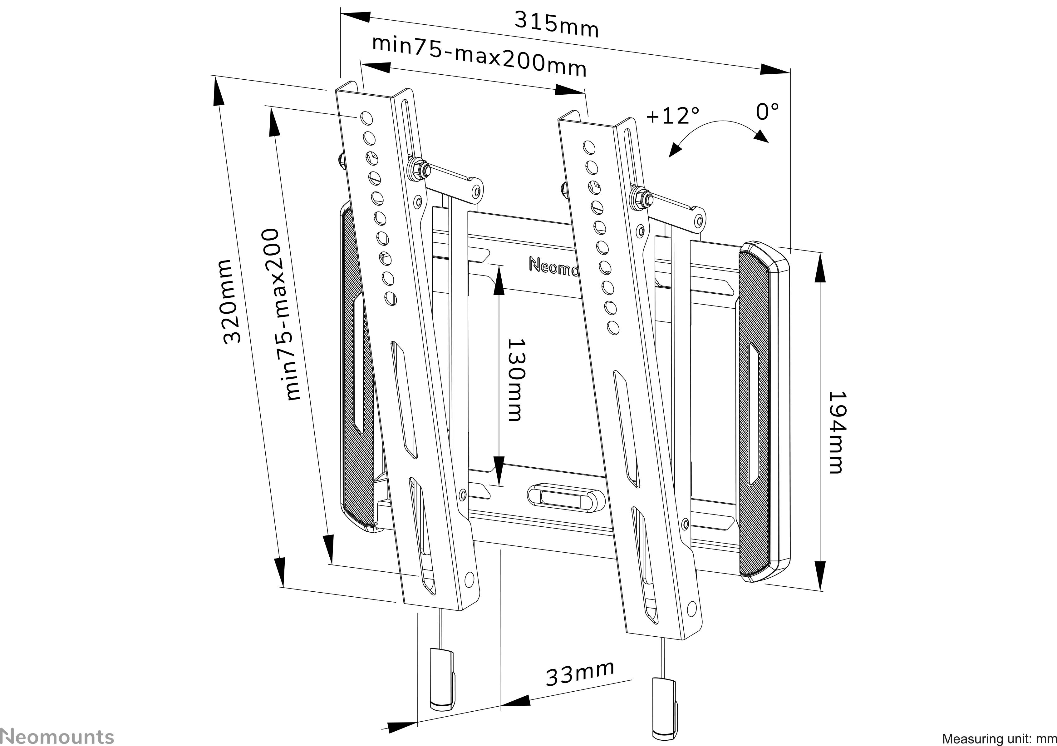 Naklápateľný TV držiak na stenu pre obrazovky, rozmery: šírka 315 mm, výška 320 mm, nastaviteľný od 75 do 200 mm. Sklon +12° až 0°.