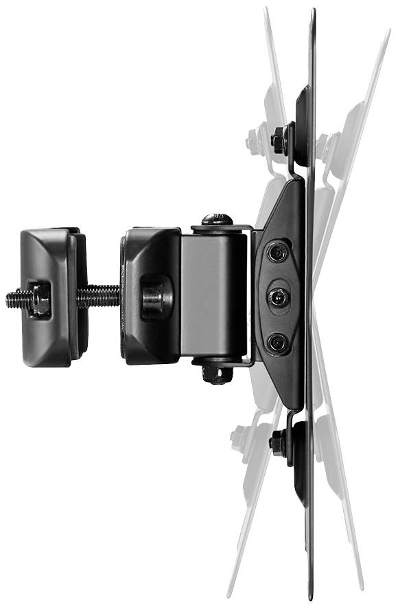 Pohľadový rez čierneho TV držiaka na stenu s nastaviteľným kĺbovým mechanizmom, ktorý umožňuje flexibilné nakláňanie obrazovky.