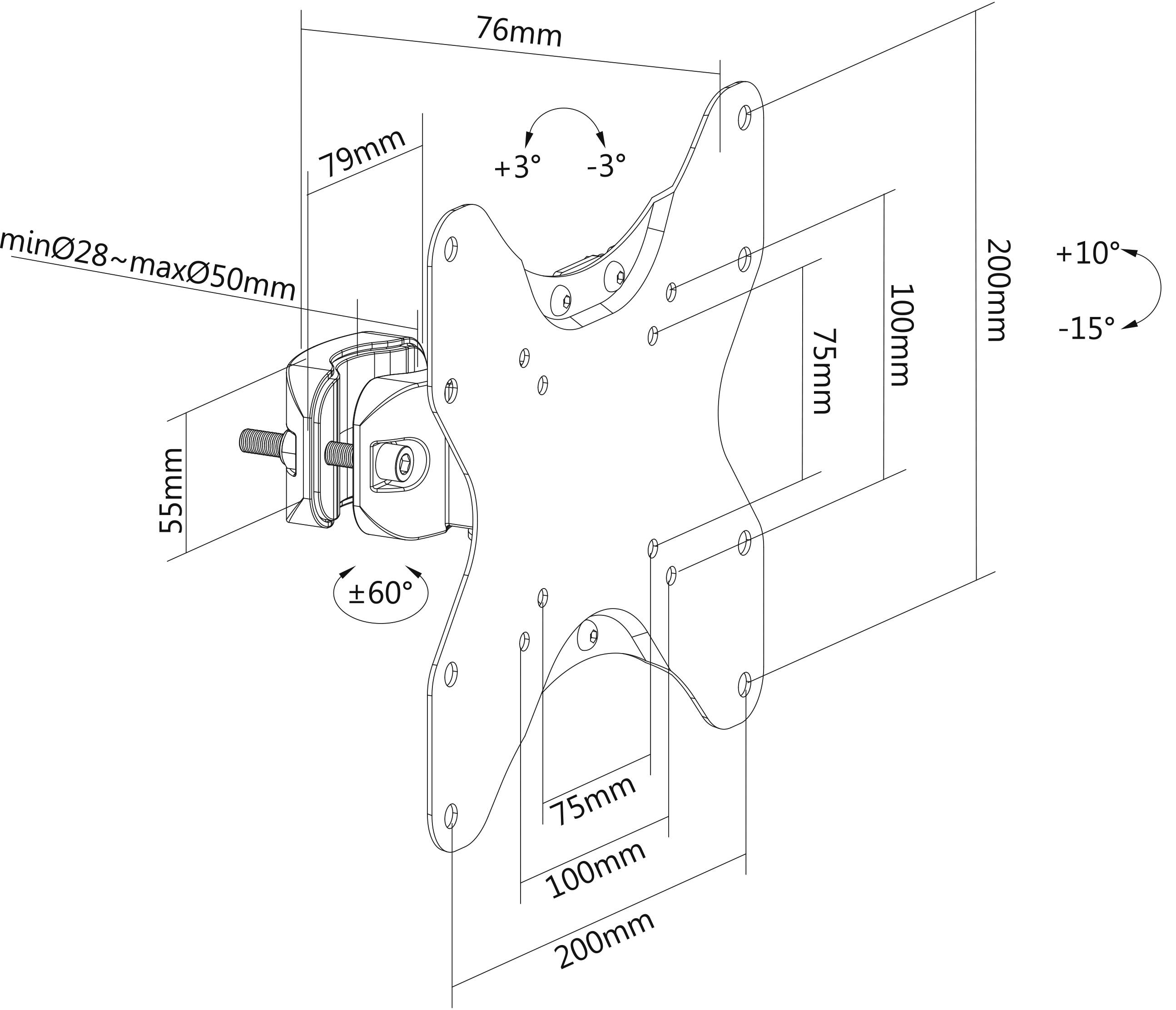 Technický výkres otočného TV držiaka, zobrazuje rozmery a sklon: šírka 76 mm, výška 100 mm, otočný v rozsahu ±60°.