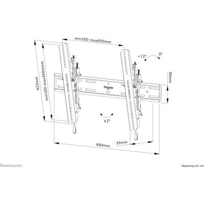 Diagram držiaka na stenu s nastaviteľným náklonom. Šírka: 684 mm, výška: 425 mm. Nastaviteľný pre obrazovky v rozmedzí 100-600 mm. Náklon ±12 stupňov.