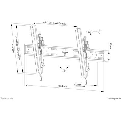 Neomounts držiak na stenu pre monitor, nastaviteľný od 100x100mm do 800x400mm, sklon +12° až 0°, otáčanie ±2°, výška 425mm, šírka 884mm.