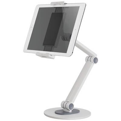 Biely držiak na tablet s nastaviteľným ramenom drží strieborný tablet v horizontálnej polohe.