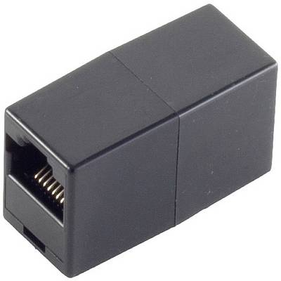 Čierny ethernetový spájač s dvomi RJ45 zásuvkami na prepojenie sieťových káblov.