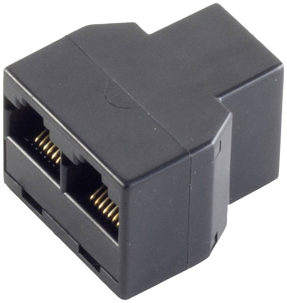 Čierny RJ45 ethernetový konektor spájajúci dva ethernetové káblové vstupy.