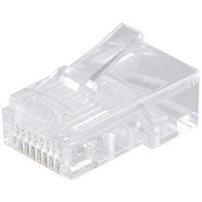 Priehľadný sieťový konektor RJ45, zobrazený z blízka.