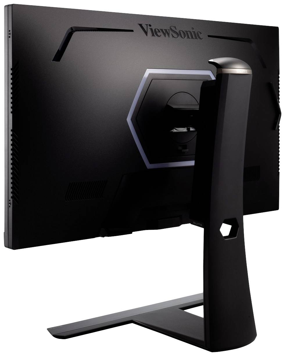 Monitor z pohľadu zozadu s elegantným čiernym dizajnom a hranatou podstavou, zobrazujúci značkový názov 'ViewSonic'.