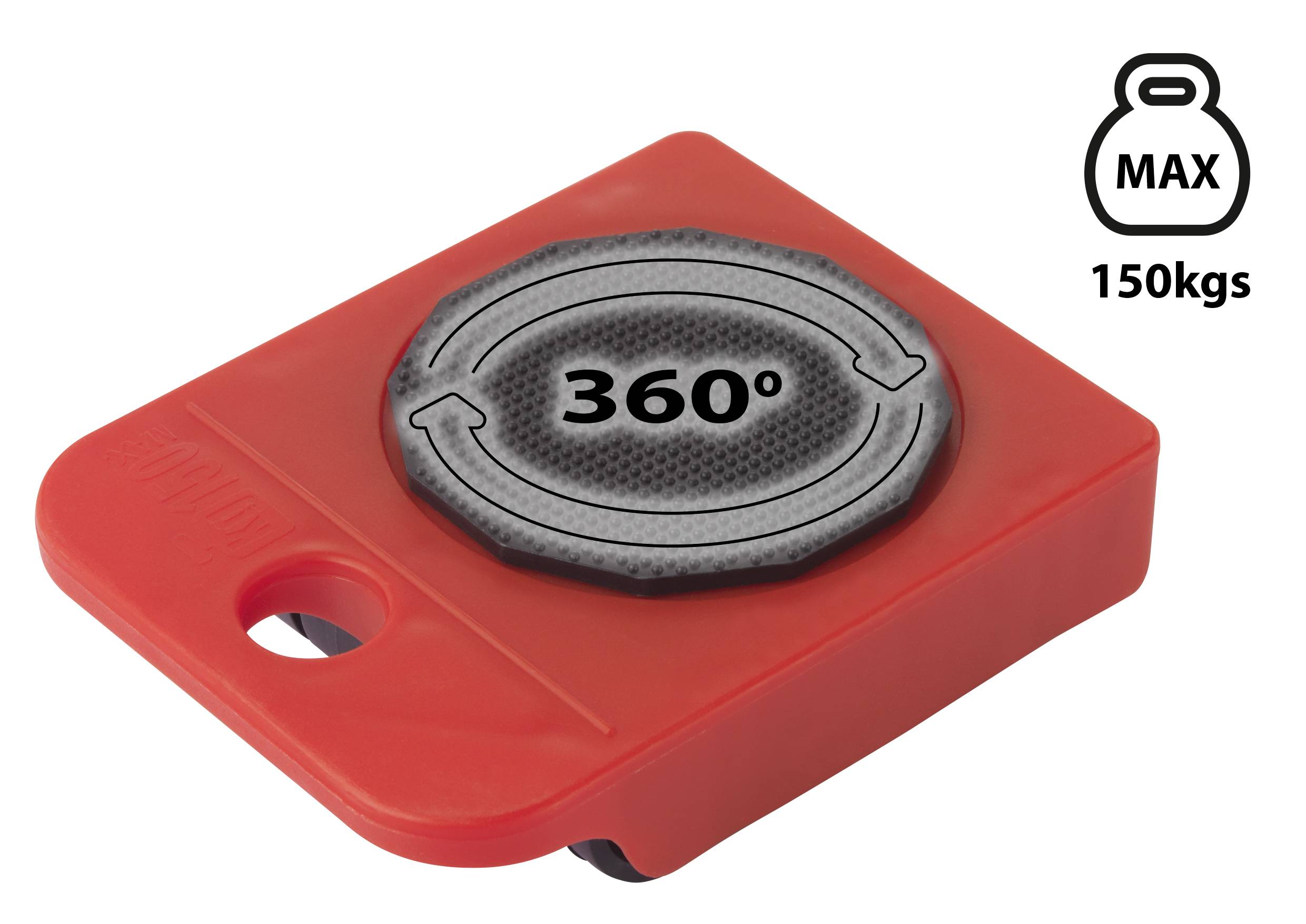 Červený nábytový klzák s otočnou plochou 360 stupňov, vhodný pre zaťaženie až do maximálne 150 kilogramov.