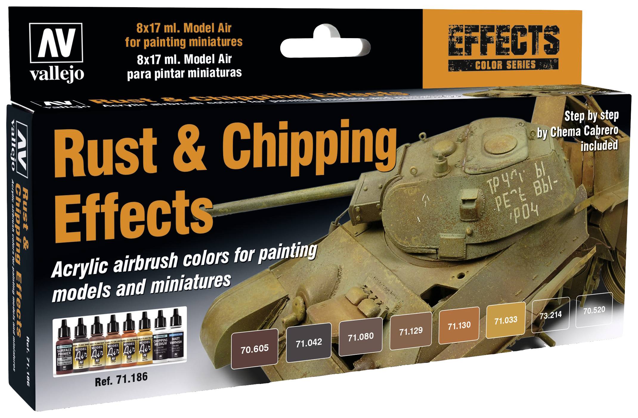 Balenie Vallejo 'Rust & Chipping Effects' s obrázkom zhrdzaveného tanku. Obsahuje akrylové farby pre modely.