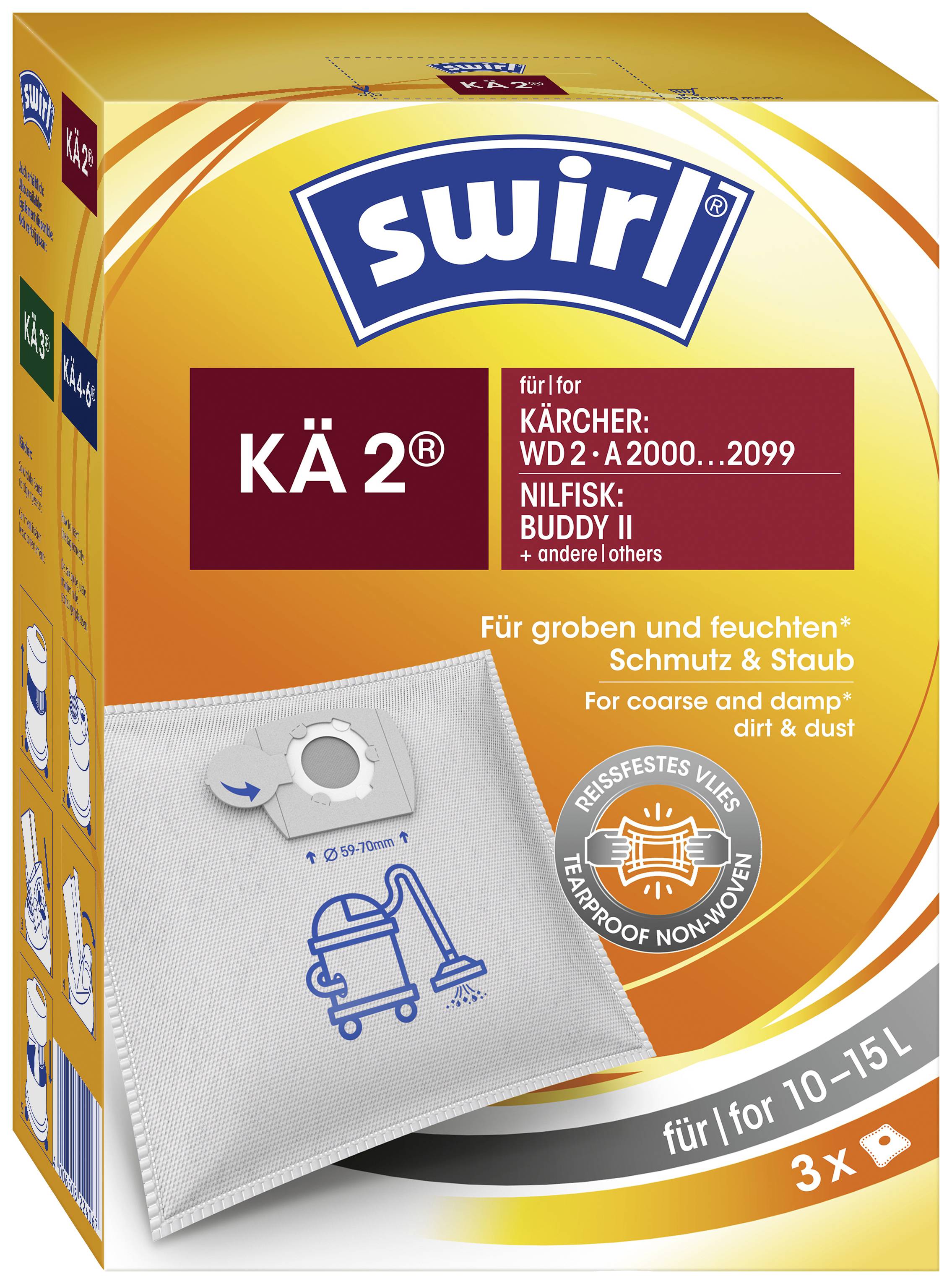 Obal na vysávačové vrecká 'Swirl KÄ2', vhodný pre modely značiek Kärcher a Nilfisk. Obsahuje 3 vrecká na hrubé nečistoty.