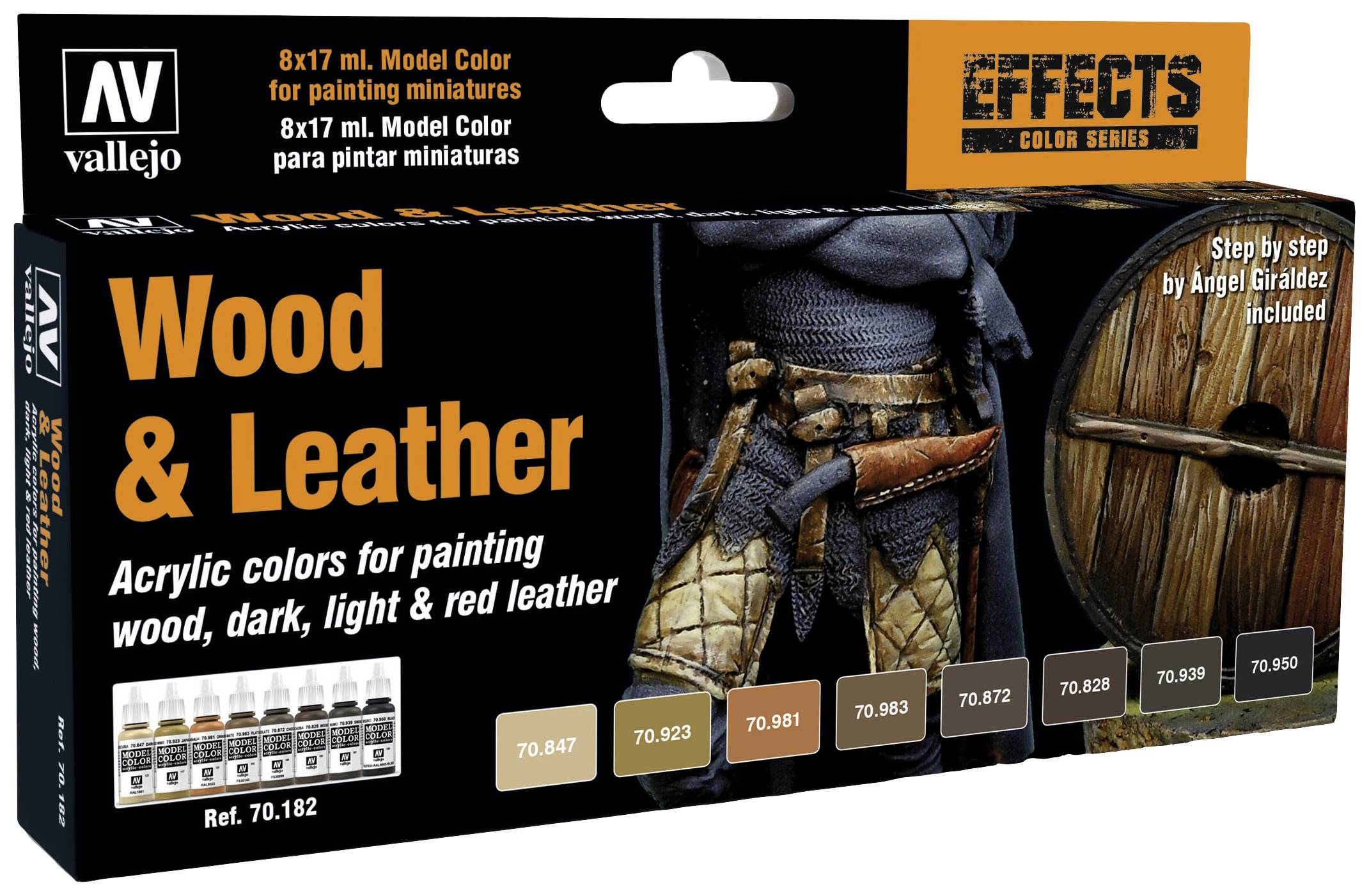 'Vallejo Effects Wood & Leather': Akrylová sada farieb na maľovanie dreva a kože, obsahuje 8 farieb pre rôzne povrchy a efekty.