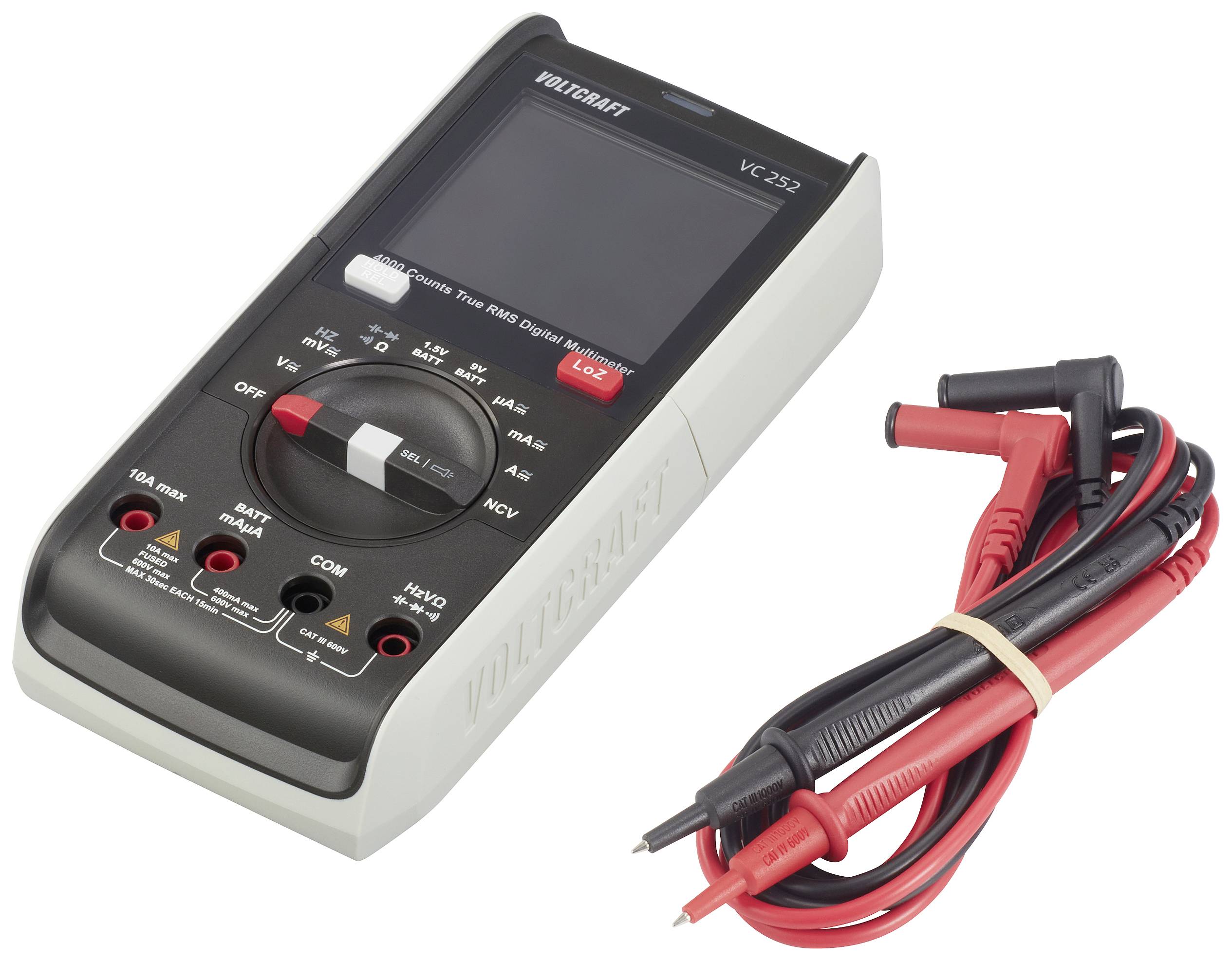 Digitálny multimeter so veľkým displejom a červenými meracími vodičmi, značky Voltcraft, model VC-252, na meranie elektrických parametrov.
