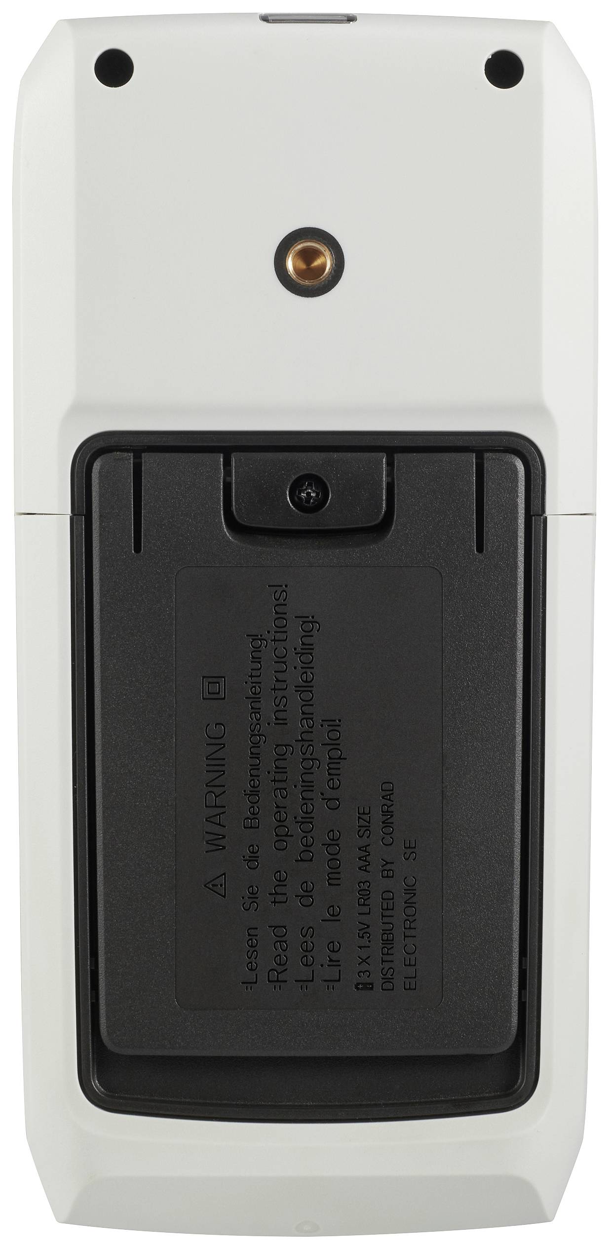 Zadný pohľad elektronického zariadenia s priestorom pre batériu a výstražnými upozorneniami. V hornej časti sa nachádza meracie čidlo.