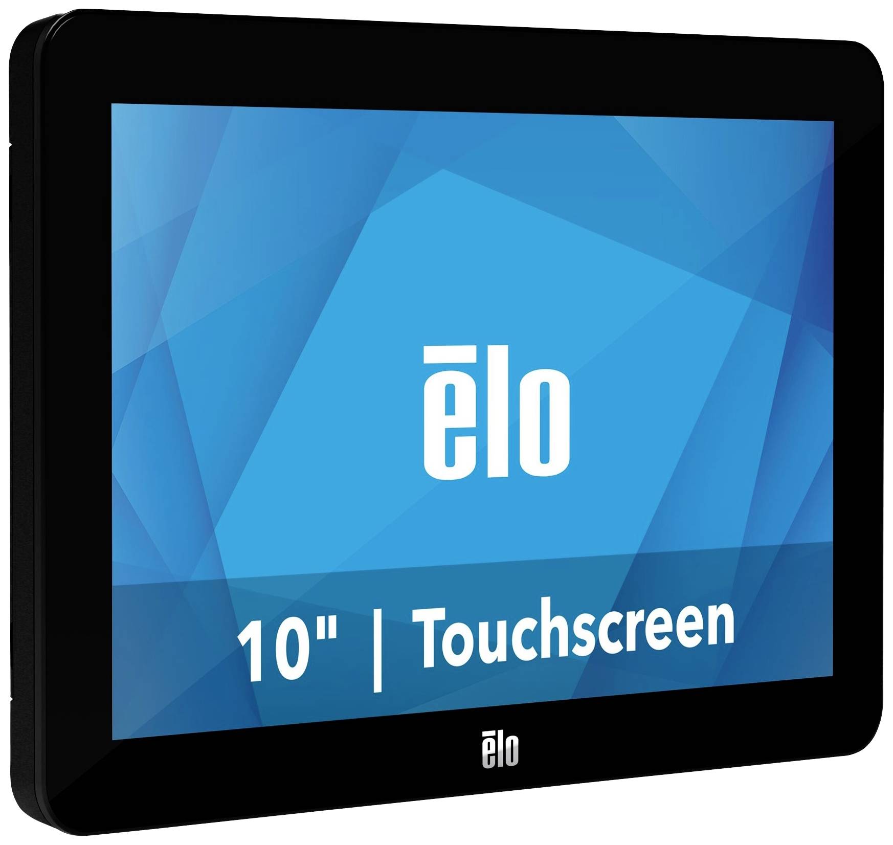 Plochý, obdĺžnikový dotykový monitor s nápisom 'elo' a '10" | Touchscreen' na modrom pozadí.