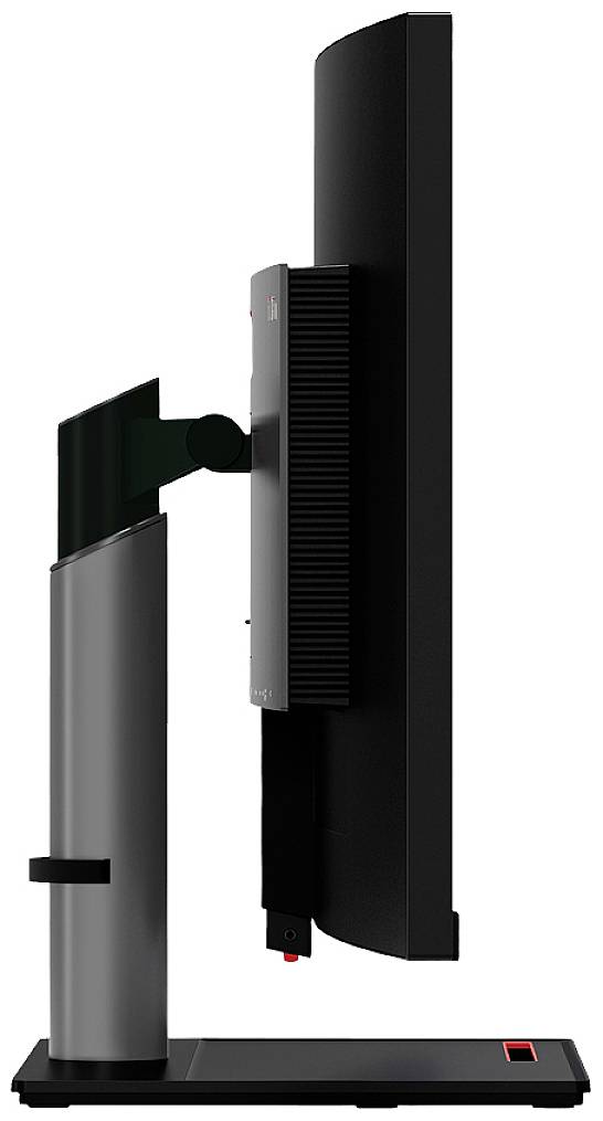 Čierny monitor z bočného pohľadu, namontovaný na ergonomickom stojane. Stojan umožňuje nastavenie výšky a otáčanie obrazovky.