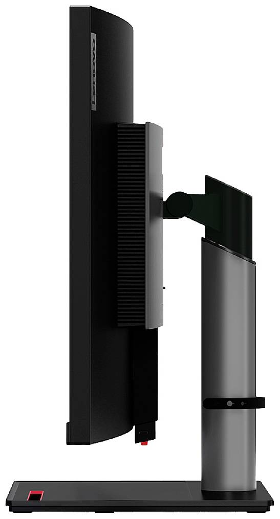 Čierny počítačový monitor zobrazený z boku, s elegantným, nastaviteľným stojanom.