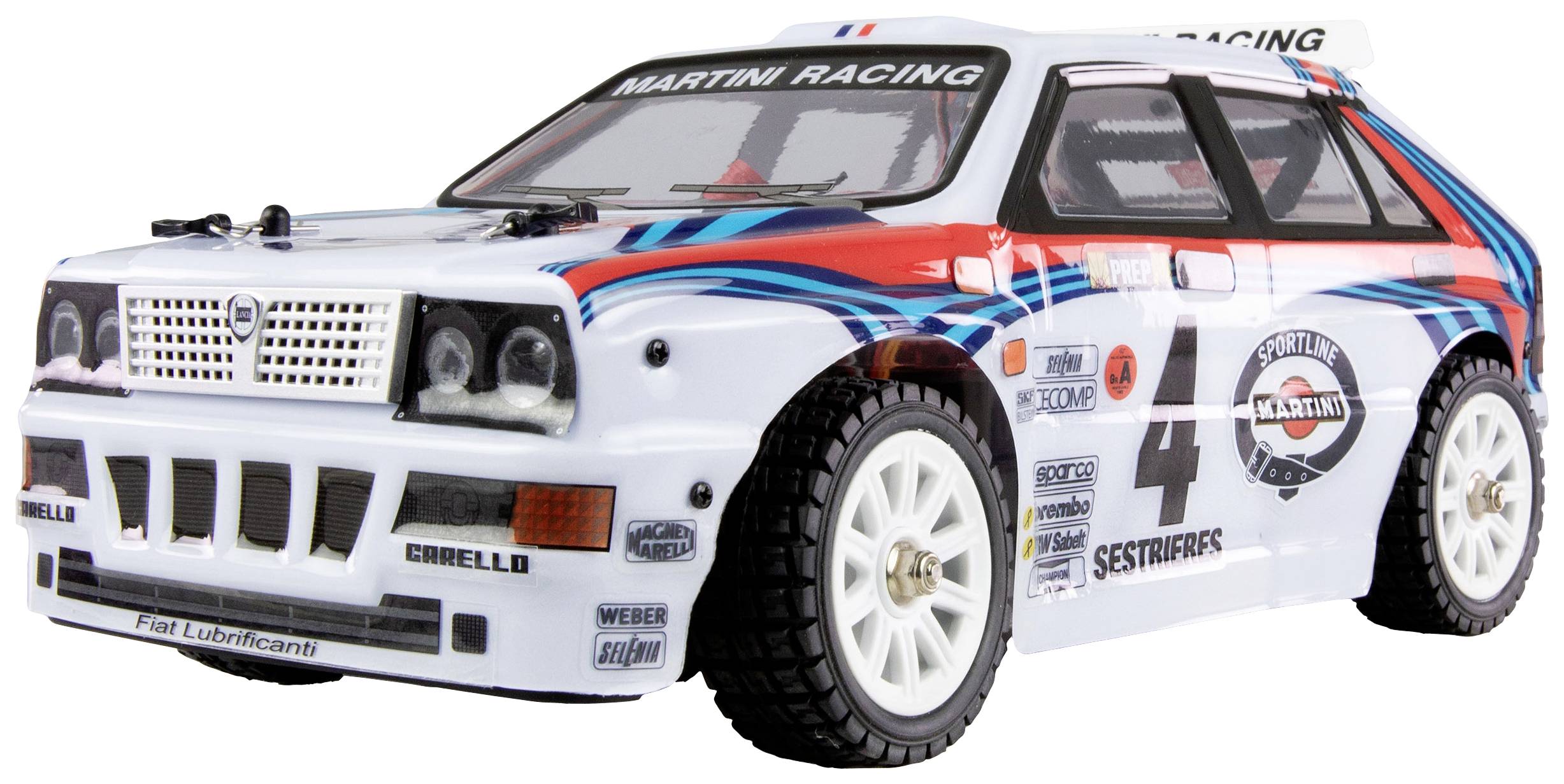 Biely pretekársky automobil s číslom 4 a samolepkami Martini Racing, výrazné svetlomety, športový dizajn, rally vzhľad.