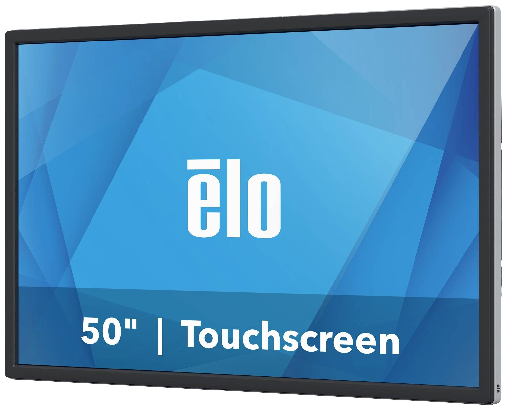 Dotykový monitor Elo s 50-palcovou obrazovkou, modrým pozadím a bielym logom značky.