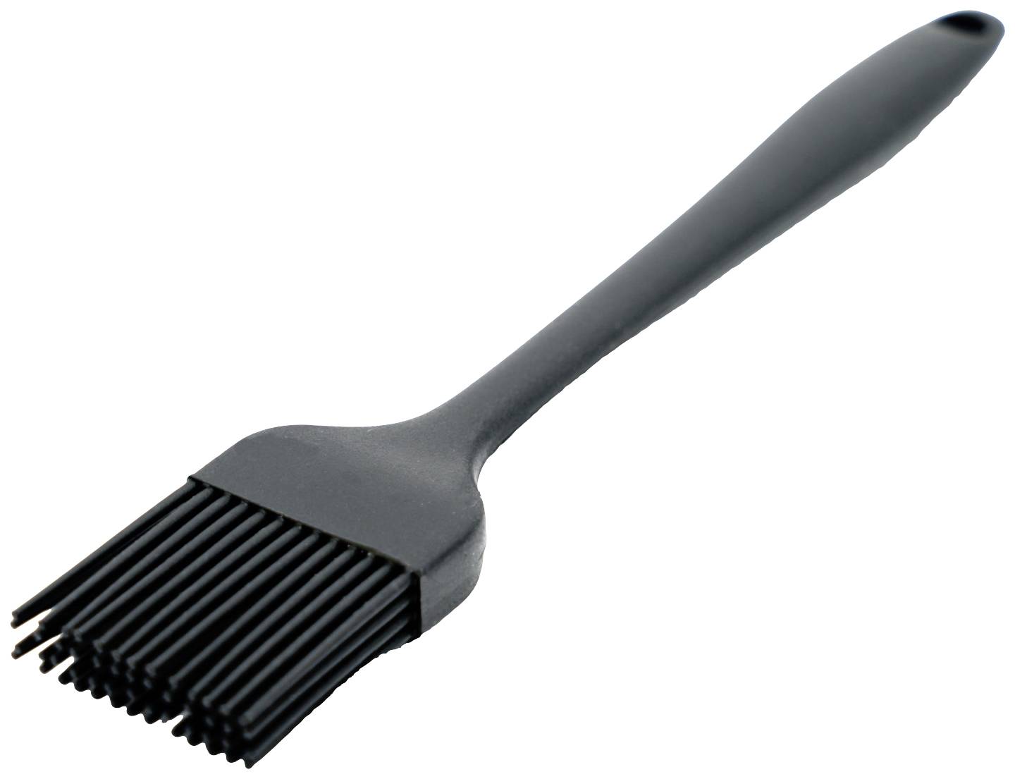 Čierny kuchynský štetec s dlhými štetinami a ergonomickou rukoväťou, vhodný na potieranie jedál.