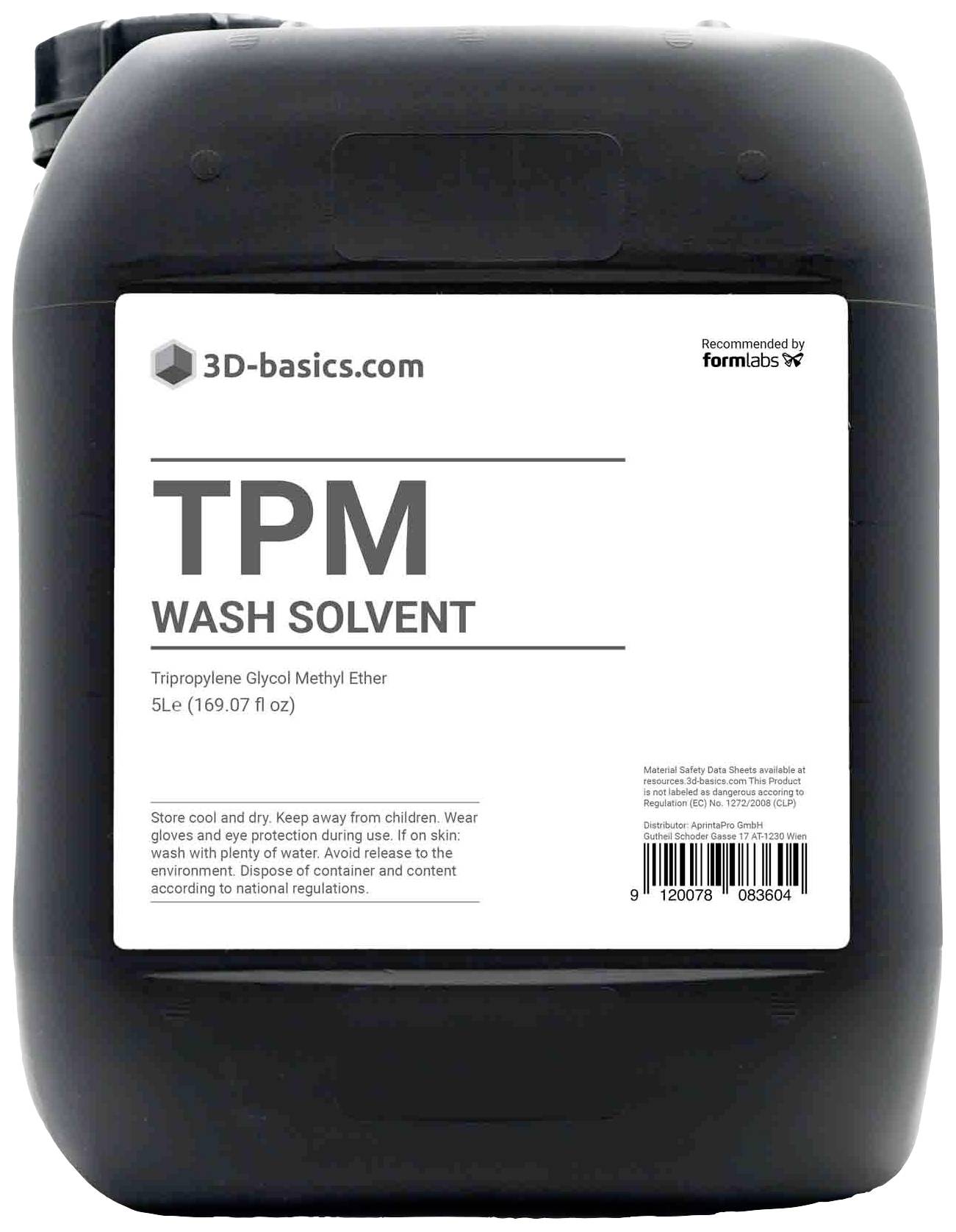 Nádoba s 'TPM Wash Solvent', odporúčaná spoločnosťou Formlabs. Slúži na čistenie a odmasťovanie, obsahuje tripropylénglykolmetyléter.