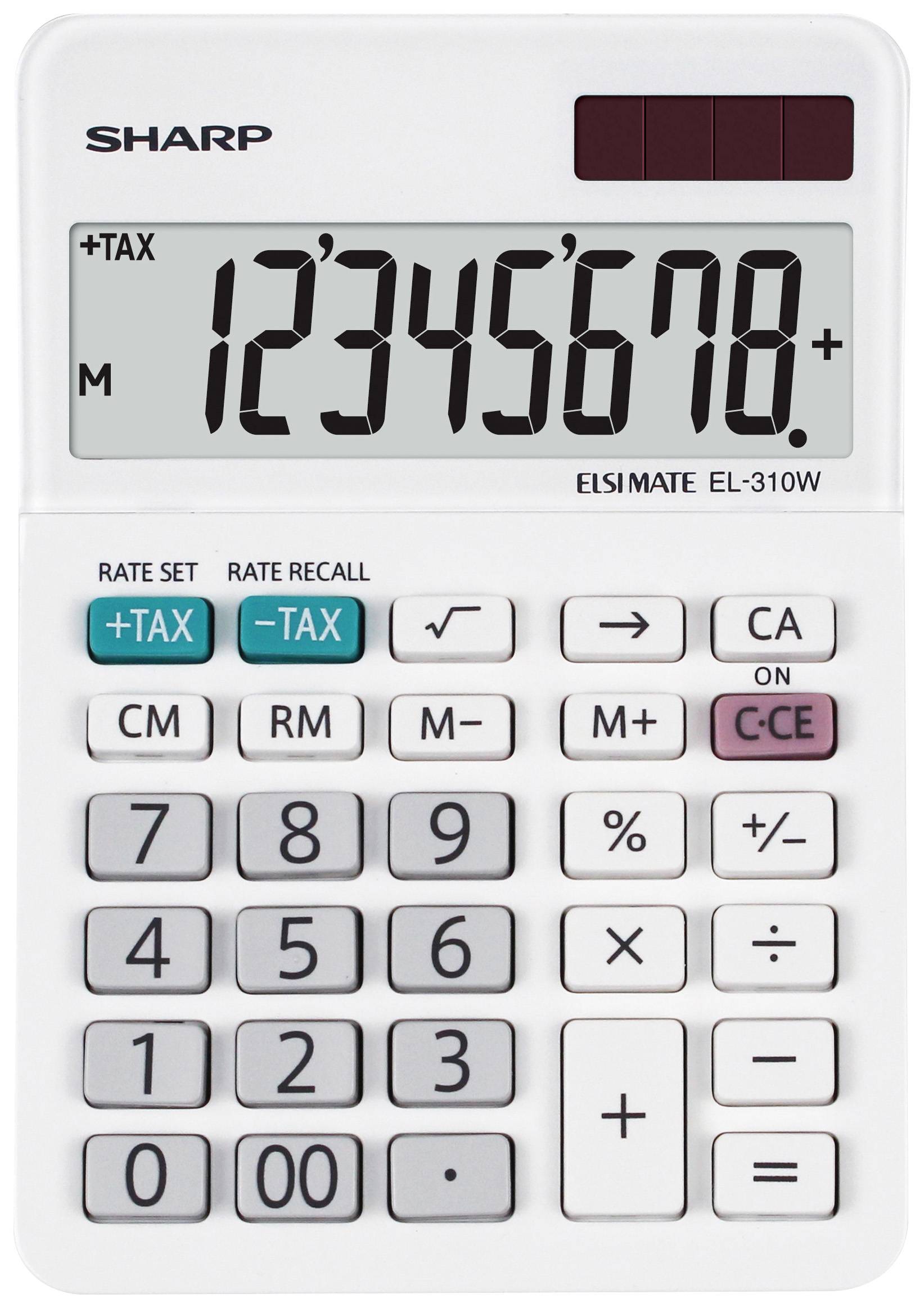 Elektronický vreckový kalkulátor s veľkým displejom, zobrazuje čísla '12345678'. Má štandardné tlačidlá vrátane '+TAX', 'C-CE' a '+'.