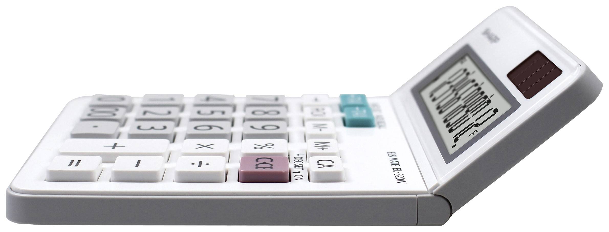 Biely kalkulátor so solárnym panelom zobrazuje čiarový kód na displeji. Klávesy obsahujú čísla a základné matematické operácie.