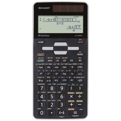 Elektronický vreckový kalkulátor s veľkým displejom, na ktorom sa zobrazujú zlomky a rovnice. Rôzne tlačidlá pre matematické funkcie.