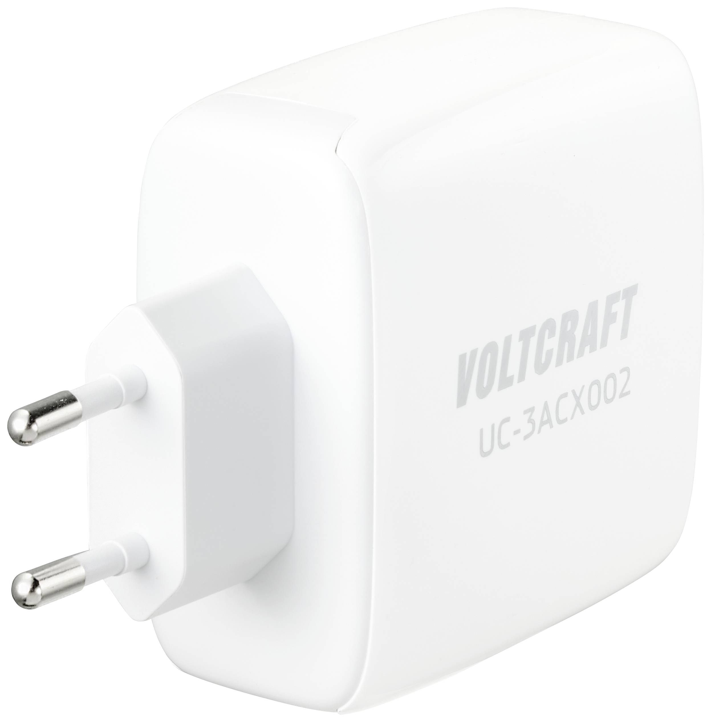 Biele sieťové nabíjačka s dvoma kolíkmi s nápisom 'VOLTCRAFT UC-3ACX002' v sivej farbe na boku.
