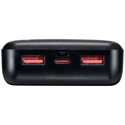 Čierna powerbanka s dvoma USB-A portami a jedným USB-C portom na prednej strane.