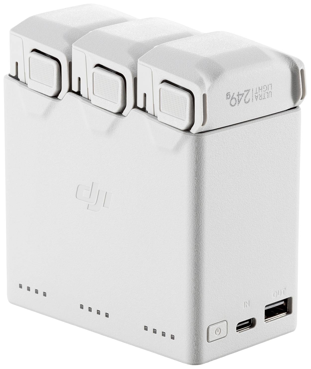 Biele nabíjačka batérií pre drony s troma kompaktne uložiteľnými batériami. Na boku sa nachádza USB port a LED indikátory.