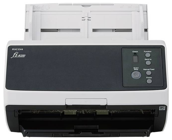 Ricoh fi-8150 skener dokumentov s ovládacím panelom a zásobníkom papiera, navrhnutý na efektívne vysokorýchlostné skenovanie dokumentov.