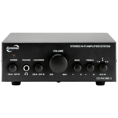 Kompaktný čierny stereo Hi-Fi zosilňovač s reguláciou hlasitosti, ovládaním basov a výšok, konektorom pre slúchadlá a viacerými vstupmi.