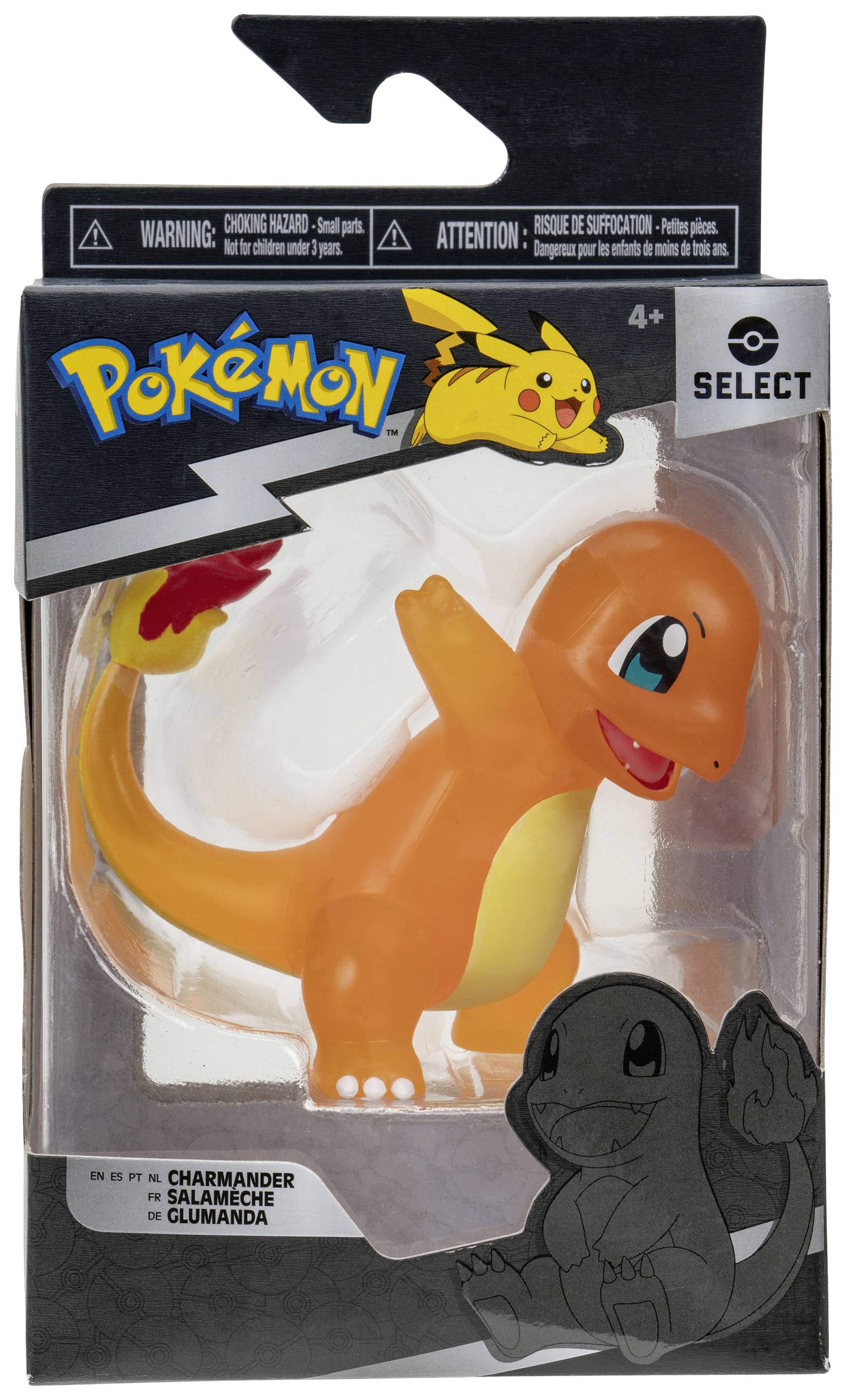 Zabalená hračkárska figúrka oranžového draka s horiacim koncom chvosta. Na obale je logo Pokémon a meno postavy 'Charmander'.