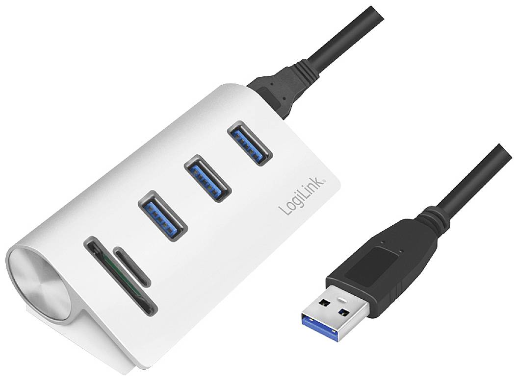 USB hub s tromi USB 3.0 portami a čítačkou kariet. Vedľa neho sieťový kábel USB 3.0. Zariadenie je striebornej farby s nápisom 'LogiLink'.