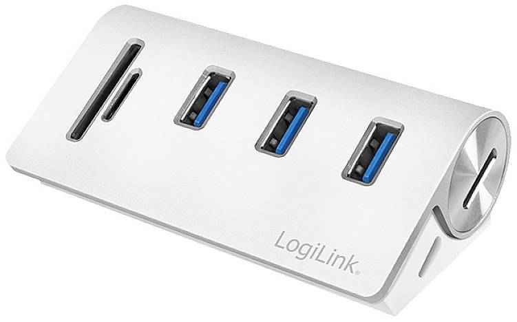 USB 3.0 hub od LogiLink v striebornej farbe s troma modrými USB portami a jedným slotem na SD kartu, sfotografovaný pod uhlom na bielom pozadí.