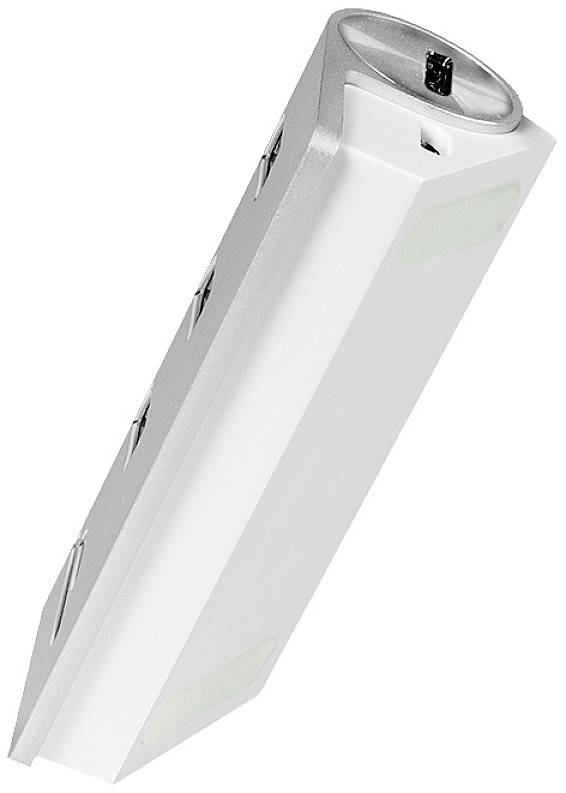 Biele a strieborné elektronické zariadenie obdĺžnikového tvaru s viacerými konektormi, pravdepodobne nabíjačka alebo adaptér.