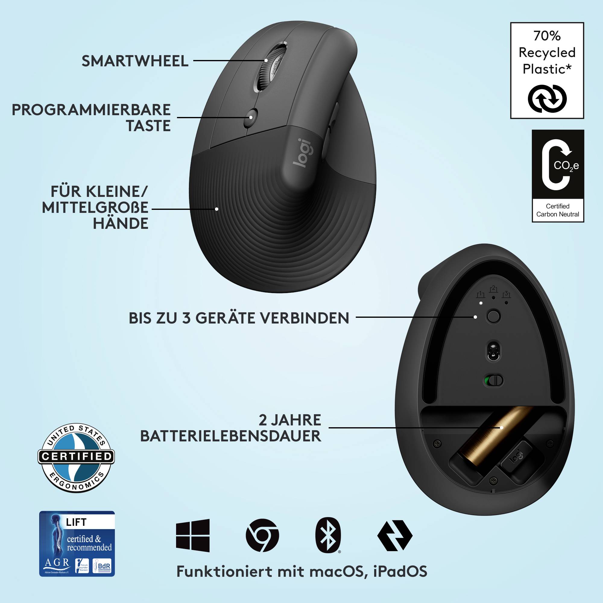 'Čierna ergonomická počítačová myš so Smartwheel, programovateľným tlačidlom, výdržou batérie až 2 roky a možnosťou pripojenia až 3 zariadení.'