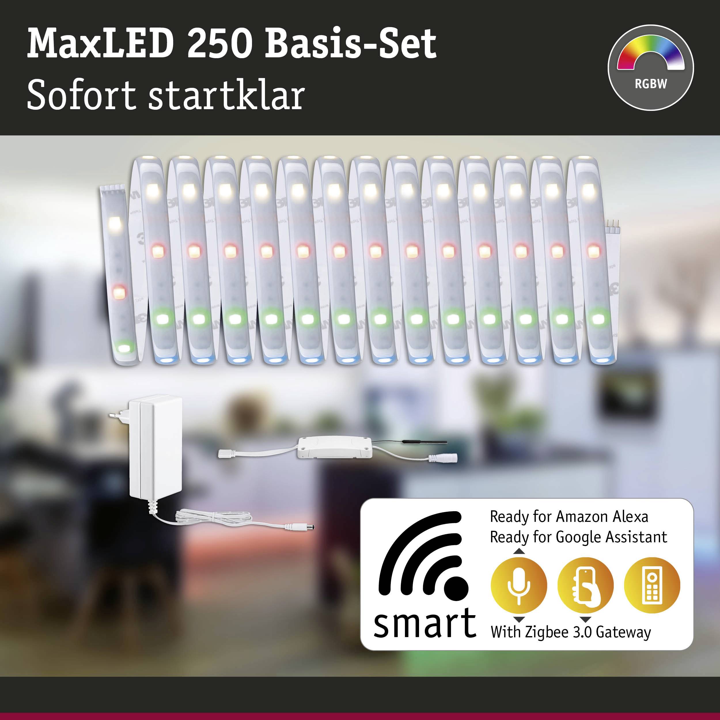 'MaxLED 250 základná sada: Okamžite pripravená na použitie. Kompatibilná s Amazon Alexa a Google Assistant. Obsahuje RGBW LED pásik, napájací zdroj a ovládač.'