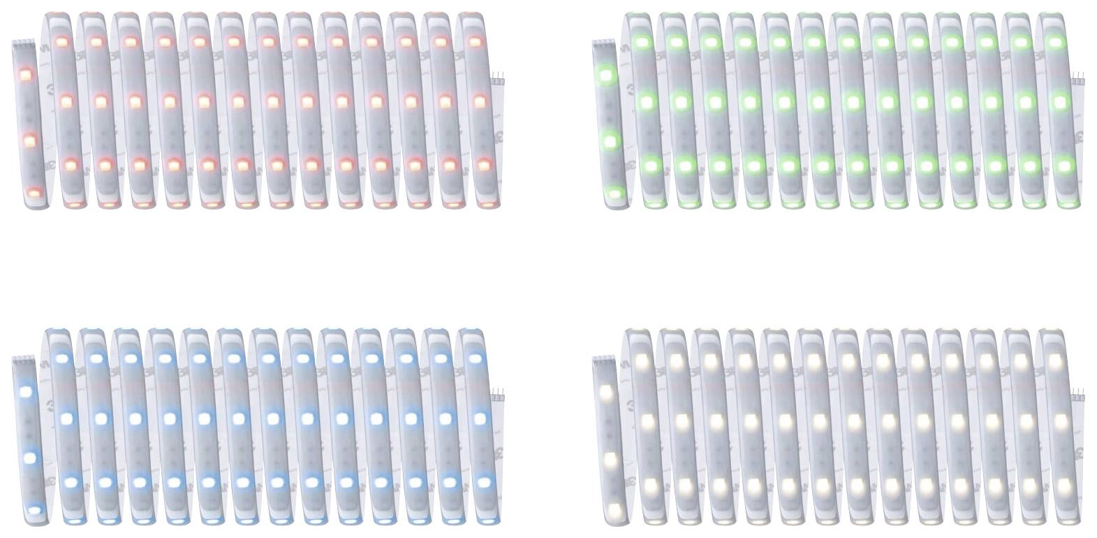 Štyri rady LED svetiel v červenej, zelenej, modrej a bielej farbe, rovnomerne rozmiestnené v tesných intervaloch.