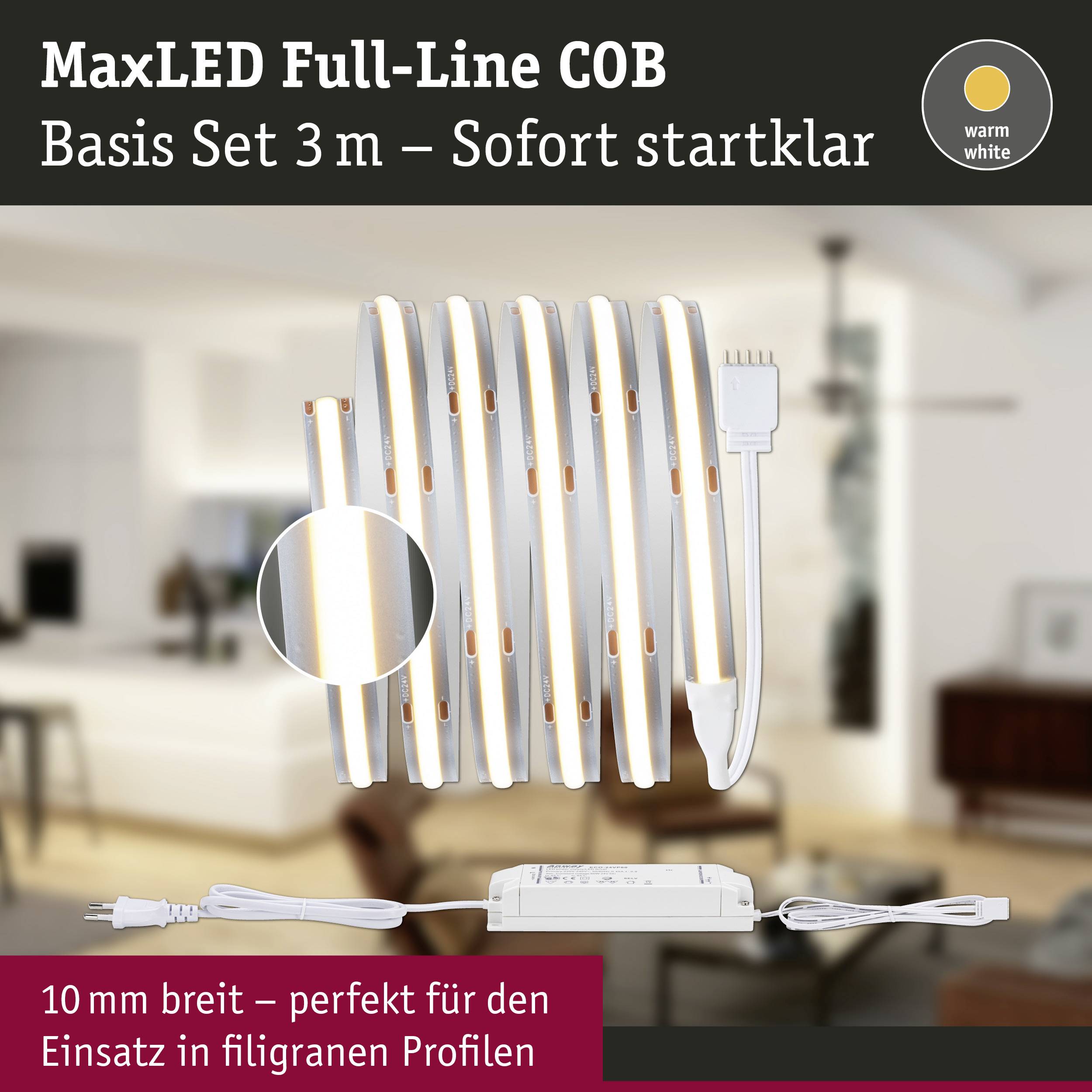 Sada základnej línie MaxLED Full-Line COB 3 m, teplá biela, okamžite pripravená na použitie. Šírka 10 mm, ideálna pre jemné profily. Obytný priestor v pozadí.