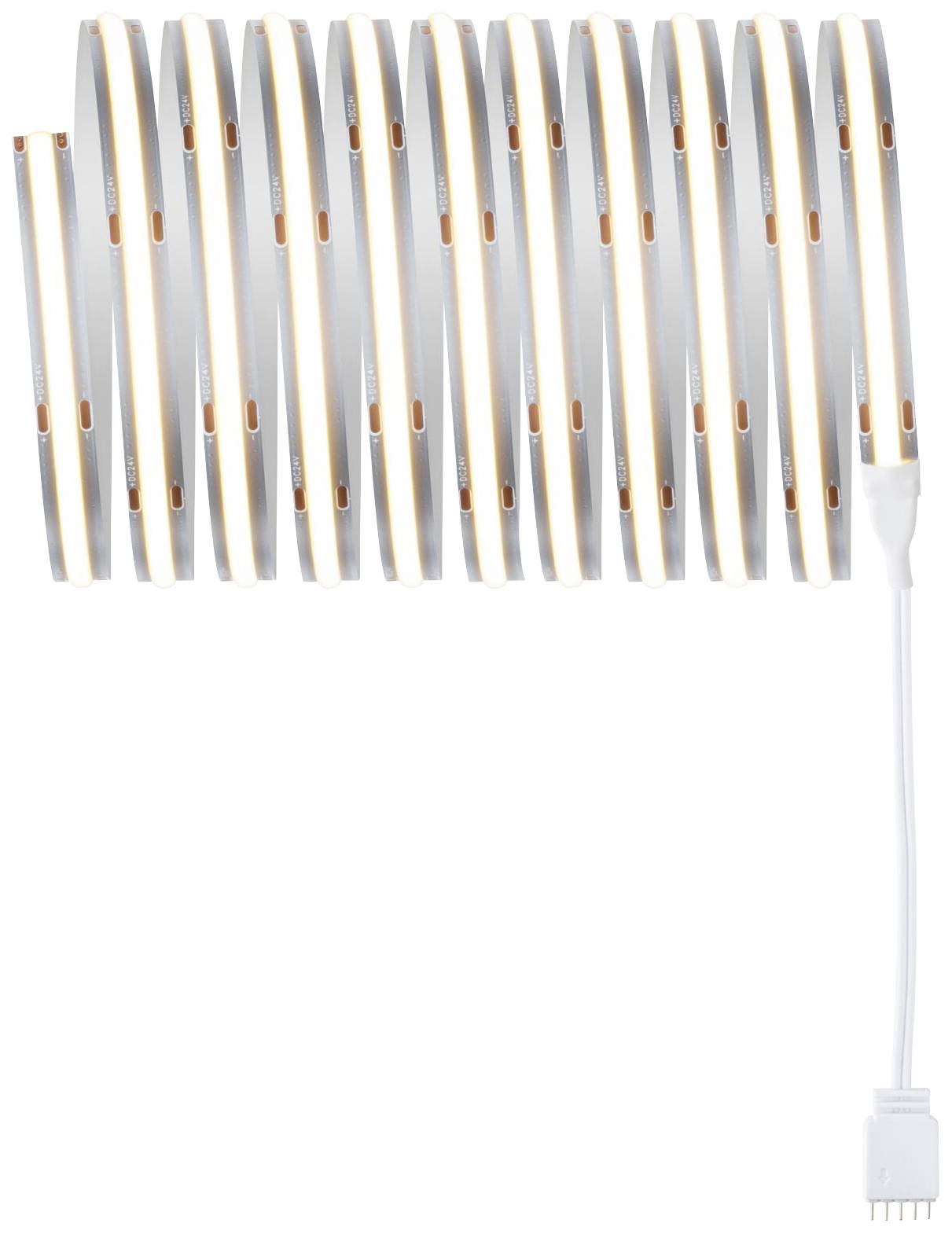 Zvinutý flexibilný LED svetelný pás s pripojeným bielym káblom, vhodný pre dekoratívne a funkčné osvetlenie.