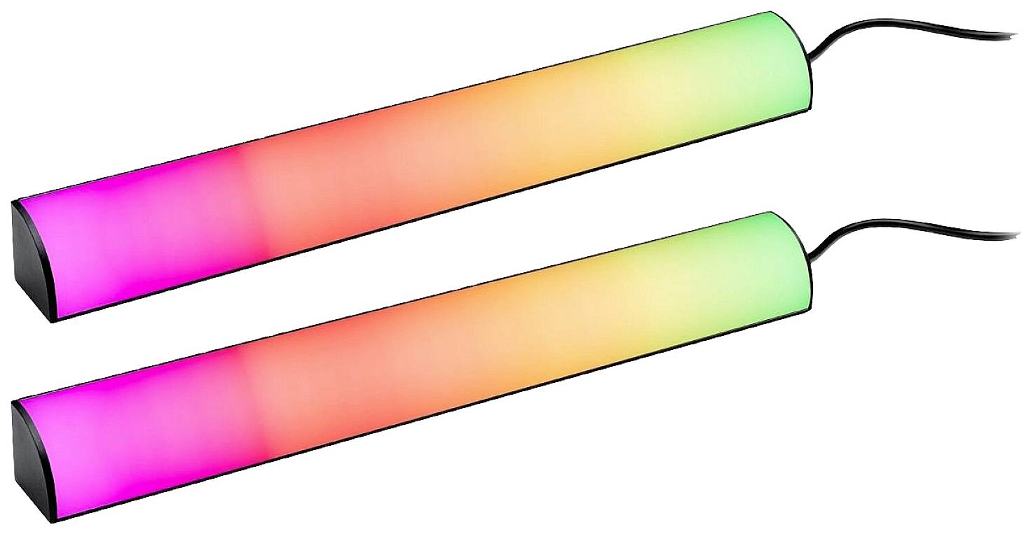 Dva LED svetelné tyče meniace farbu, jedna s farebným prechodom od ružovej po žltú, druhá s farebným prechodom od zelenej po oranžovú, na čiernych kábloch.